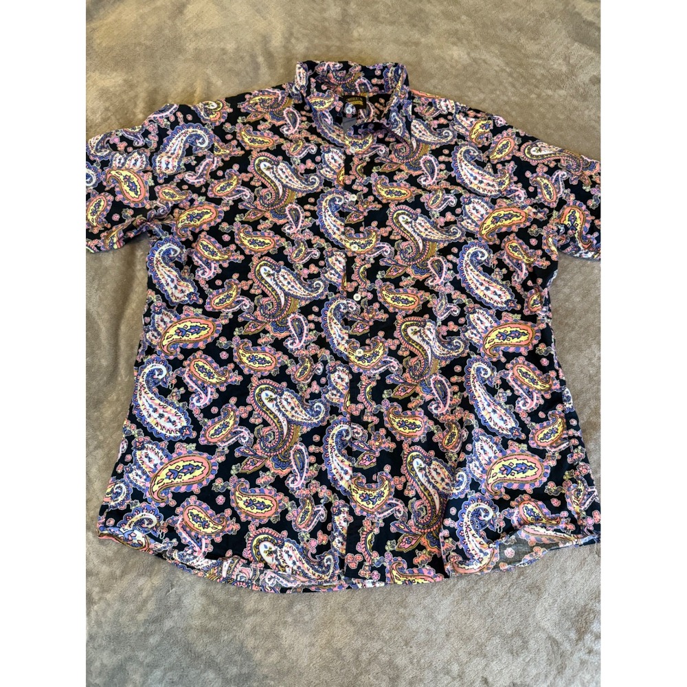 Cremieux Premium Denim Mens XXL Paisley Short Sleeve Button Down Shirt Pink Blue